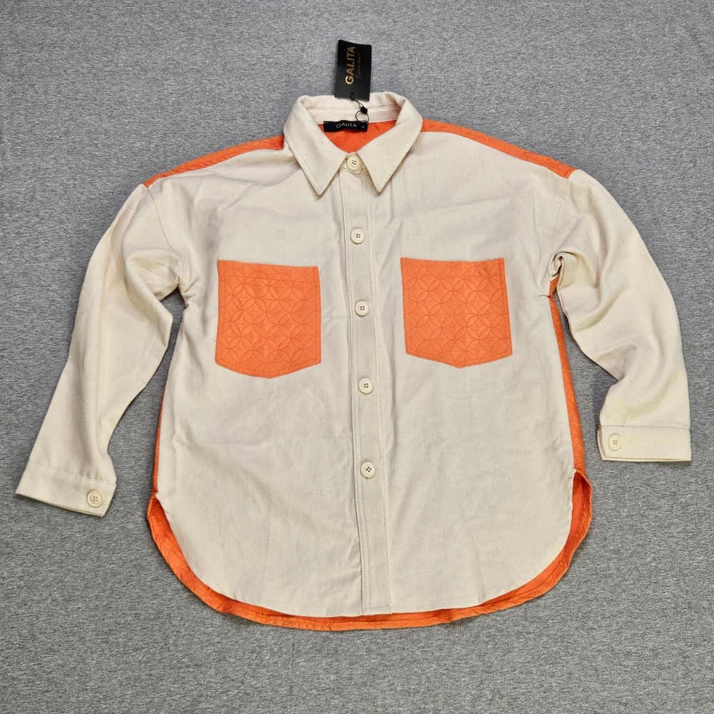 Quilted Shacket Cream Orange Mixed Media Button Down Shacket Retro Shirt Mens M
